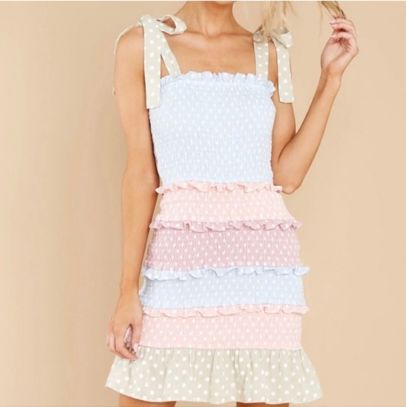 Storia Dresses & Skirts - Storia Smocked Pastel Polka Dot Ruffle Spring Mini Dress Sz S